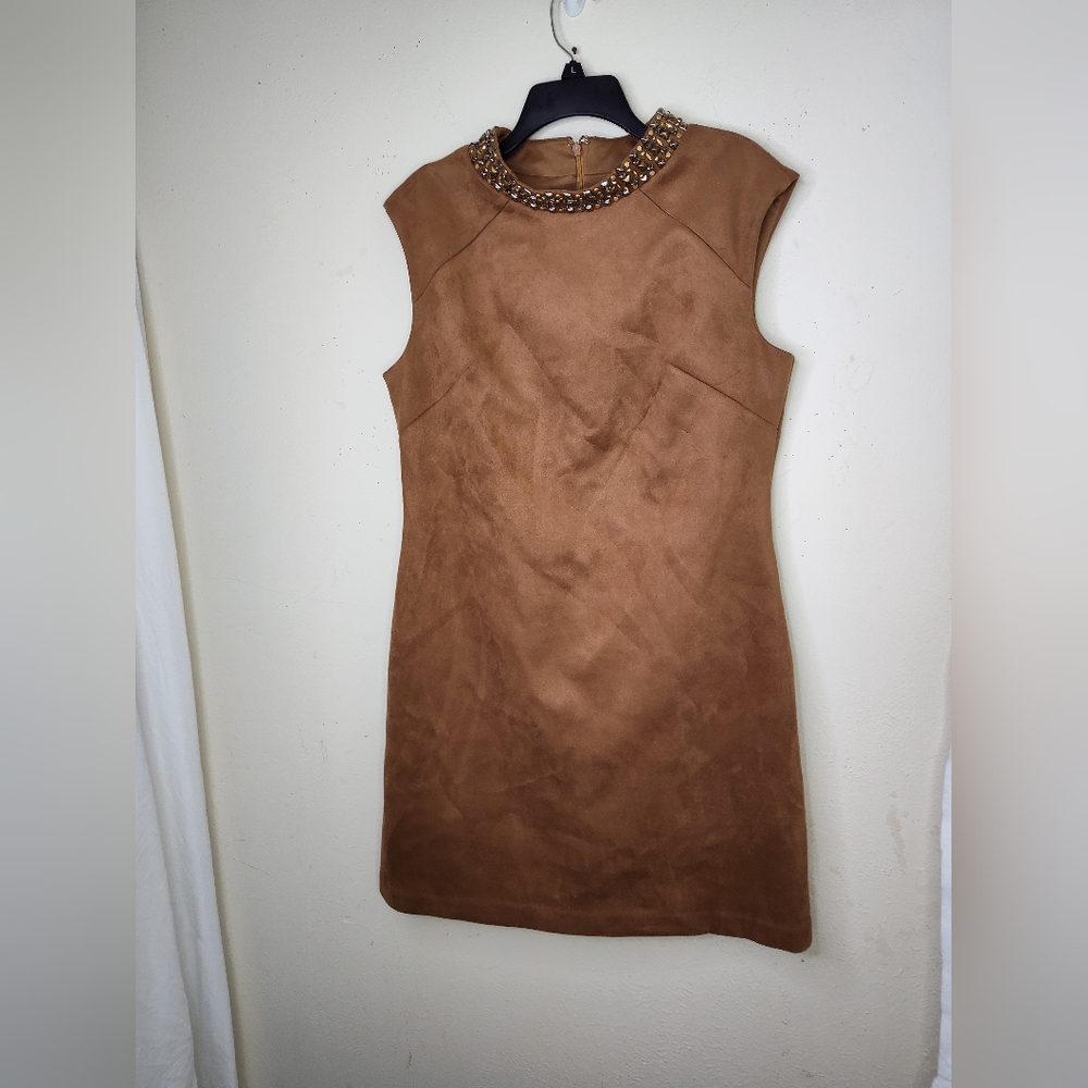 Vince Camuto Brown Women  Suede Shift Dress 14 Jeweled Neckline Sleeveless Zip